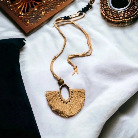 Faux Leather Oval Tassel Bohemian Necklace - Picture 1 of 3